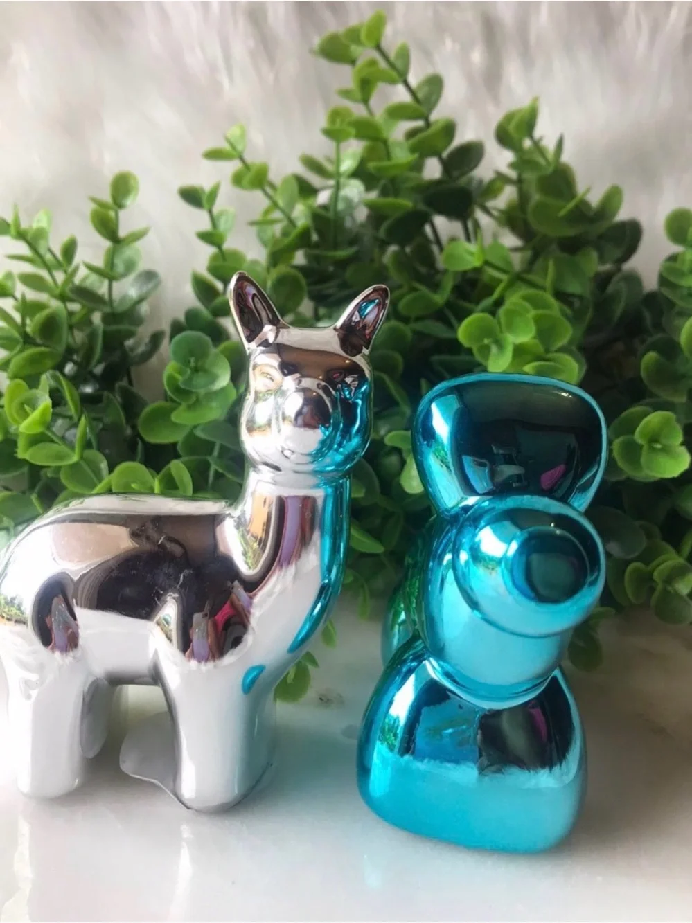 Decorative Metallic Balloon Dog and Llama Figurine Set - Blue & Silver